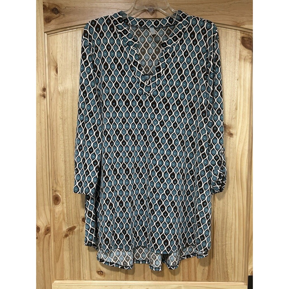 Paisley Grace Women’s Tunic Turquoise Brown Geometric Pattern V Neck Flowy 3XL